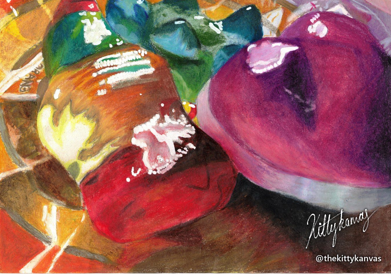 Coloured-pencil and Promarker drawing of a pile of gummy sweets and wrappers