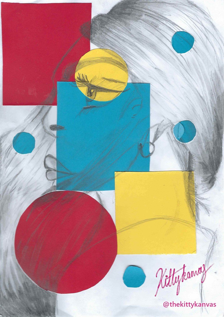 Pencil portrait of a girl with long hair, overlaid with red, yellow and blue paper squares and circles