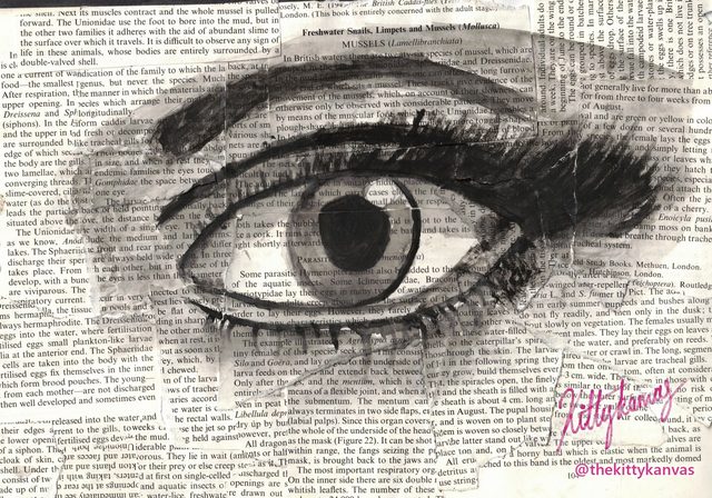 Mixed-media eye painted in watercolour over a torn page from an old book