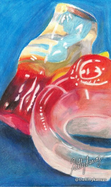 Coloured-pencil drawing of a glossy cola-bottle gummy and a red ring sweet on blue