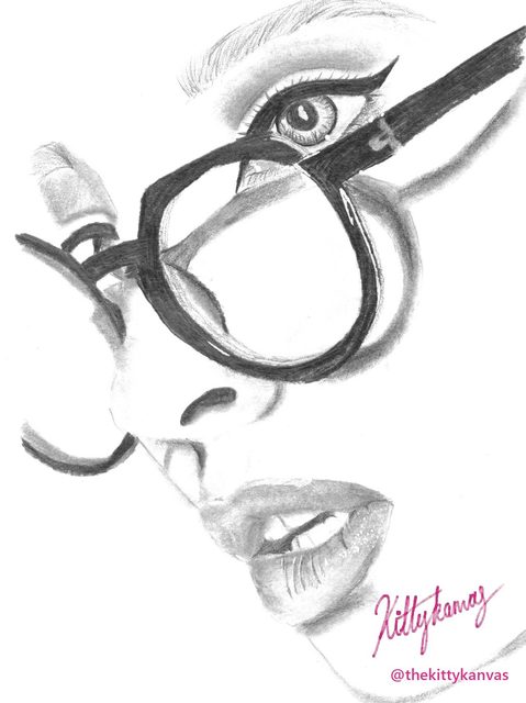 Graphite pencil portrait of a woman in glasses, with white highlights