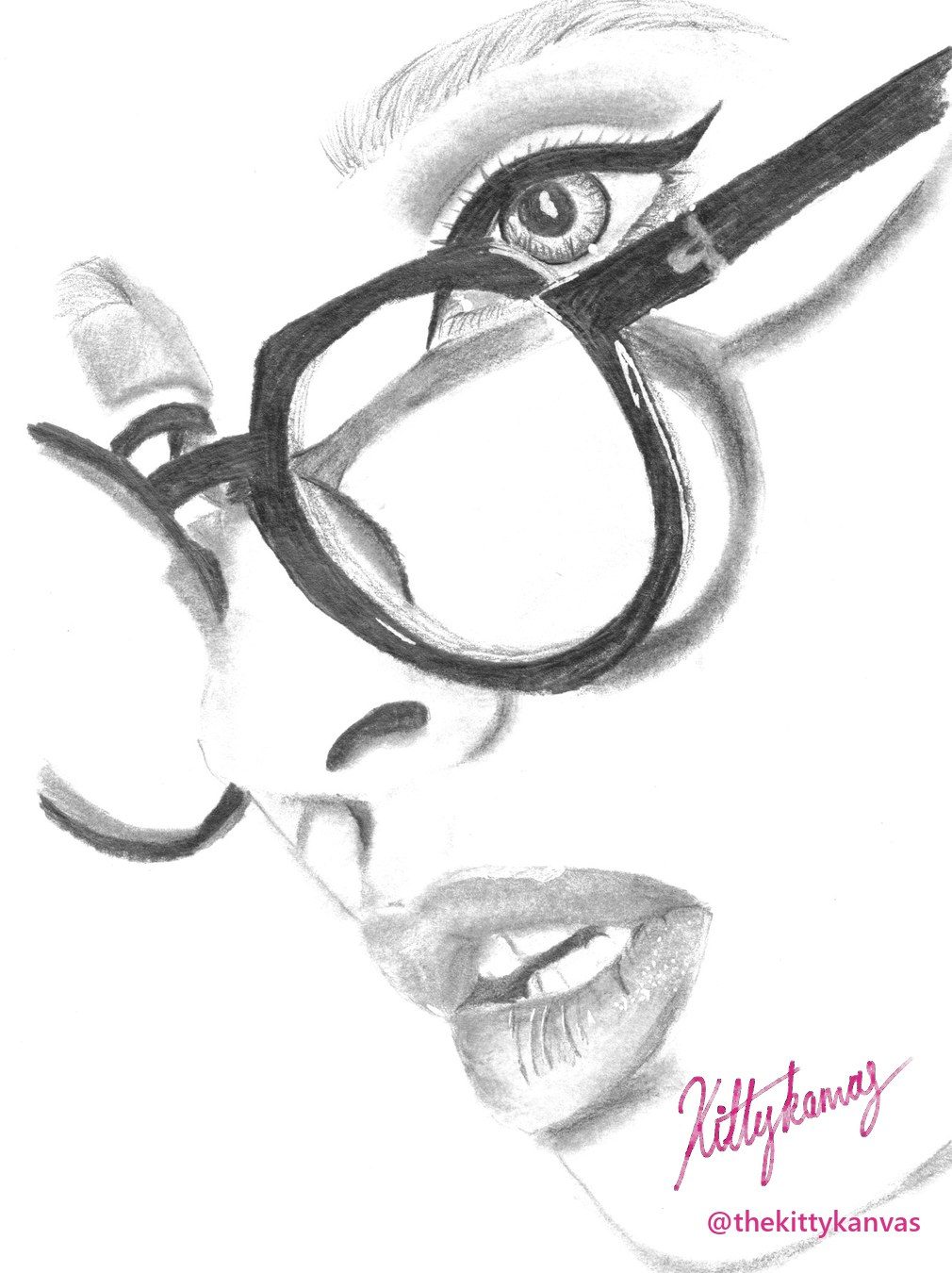 Graphite pencil portrait of a woman in glasses, with white highlights