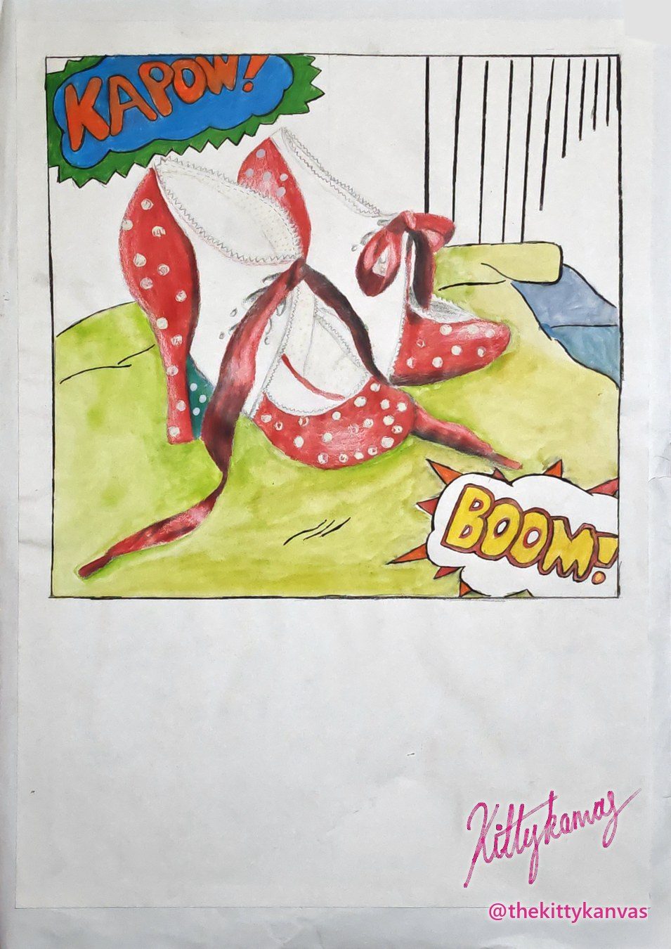 Watercolour and pencil pop-art piece of red polka-dot high heels with ribbon ties on green, in a comic panel with KAPOW! and BOOM! bursts