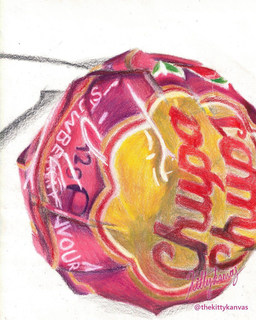 Coloured-pencil drawing of a lollipop in its shiny wrapper, in pinks and yellows