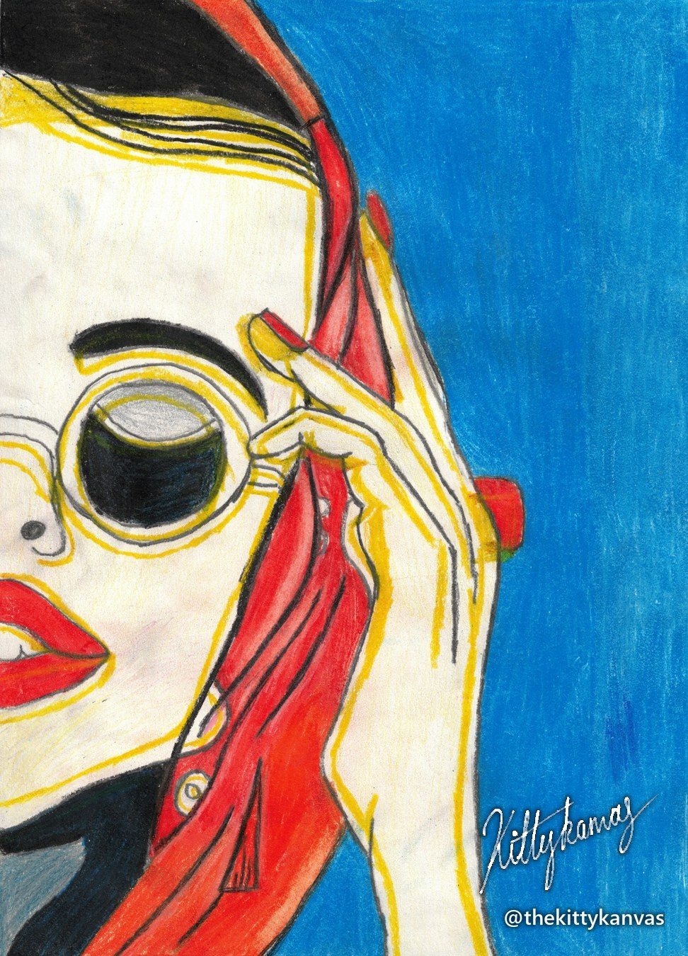Pop-art drawing of a woman in round sunglasses and a red headscarf on a blue background