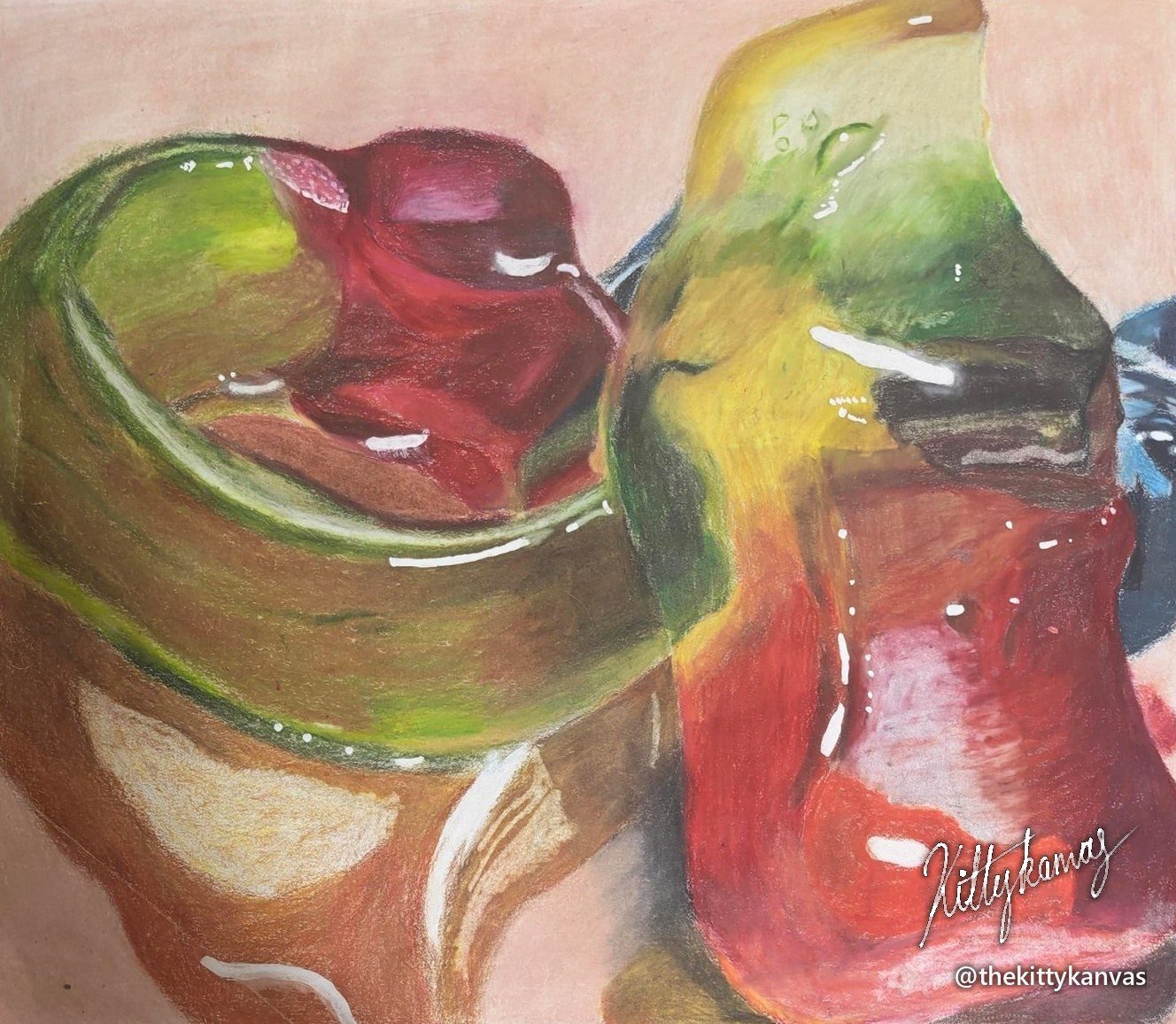 Hyperrealistic drawing of a glossy red jelly sweet in a glass, with a bottle behind
